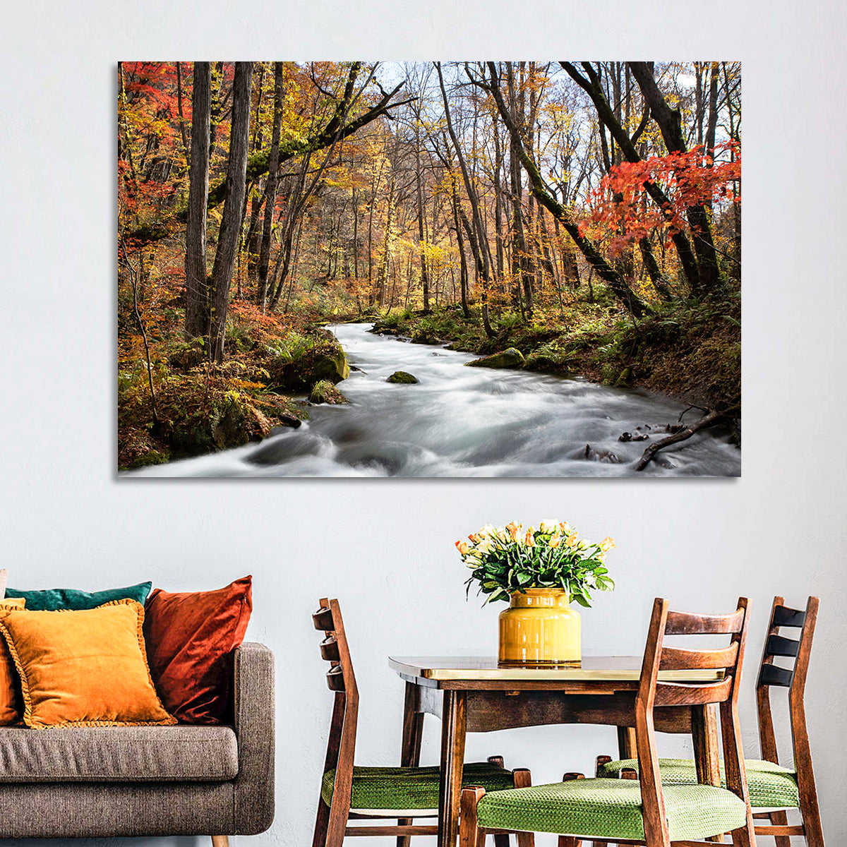 Sunlit Forest Stream Wall Art in a room, landscape
