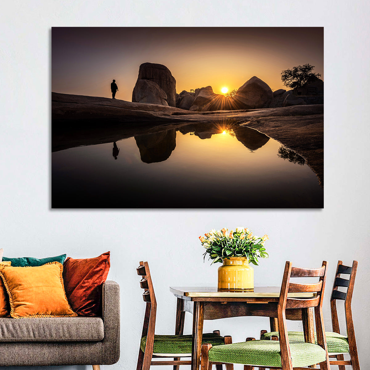 Hemakuta Hill Sunrise Temples Wall Art in a room, landscape