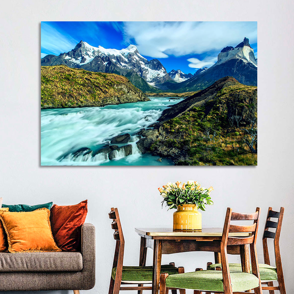 Torres Del Paine Glacier Stream Wall Art in a room, landscape