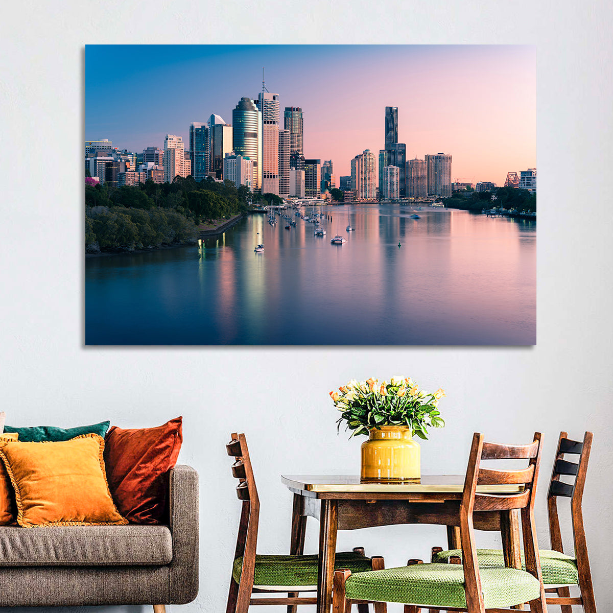 Brisbane River Skyline at Dusk Wall Art in a room, landscape