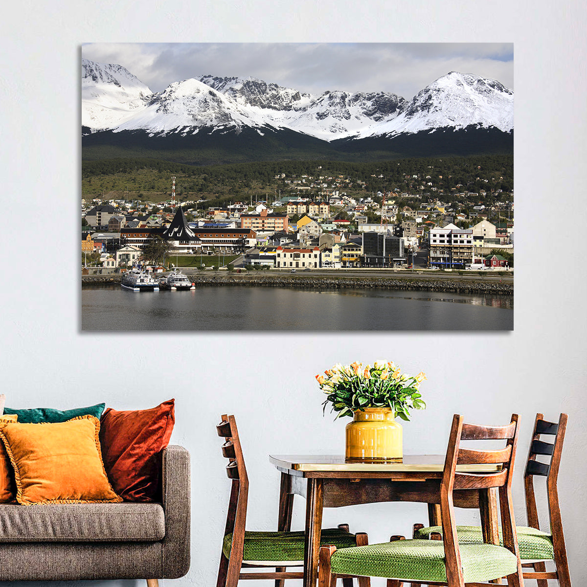 Ushuaia Harbor and Snowcapped Mountains Wall Art in a room, landscape