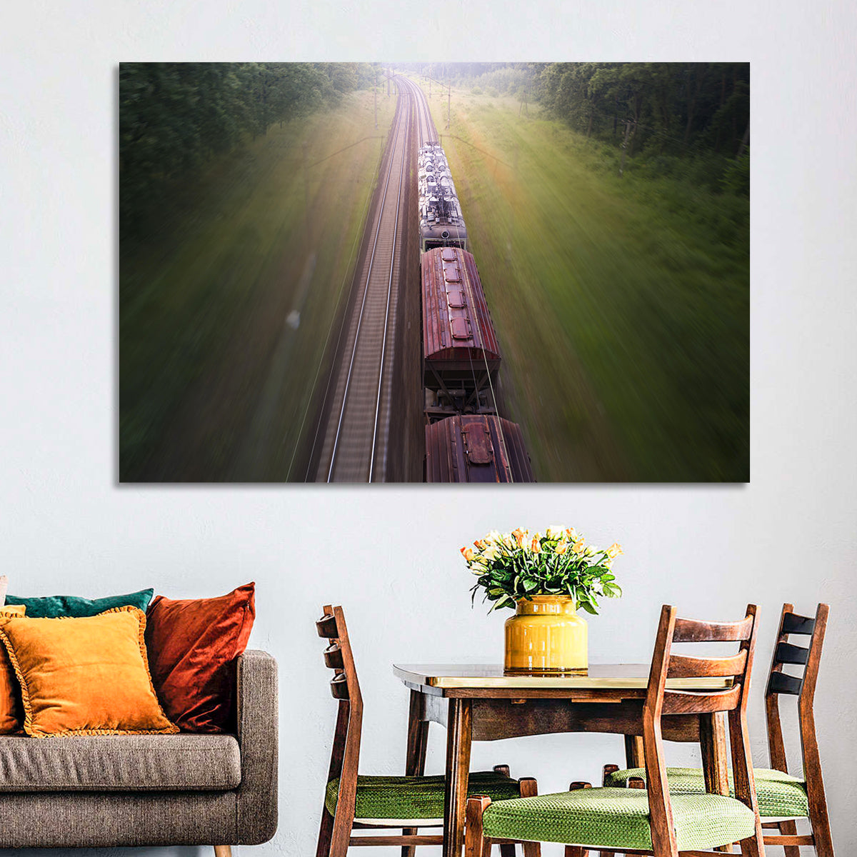 Freight Train Through Forest Wall Art in a room, landscape
