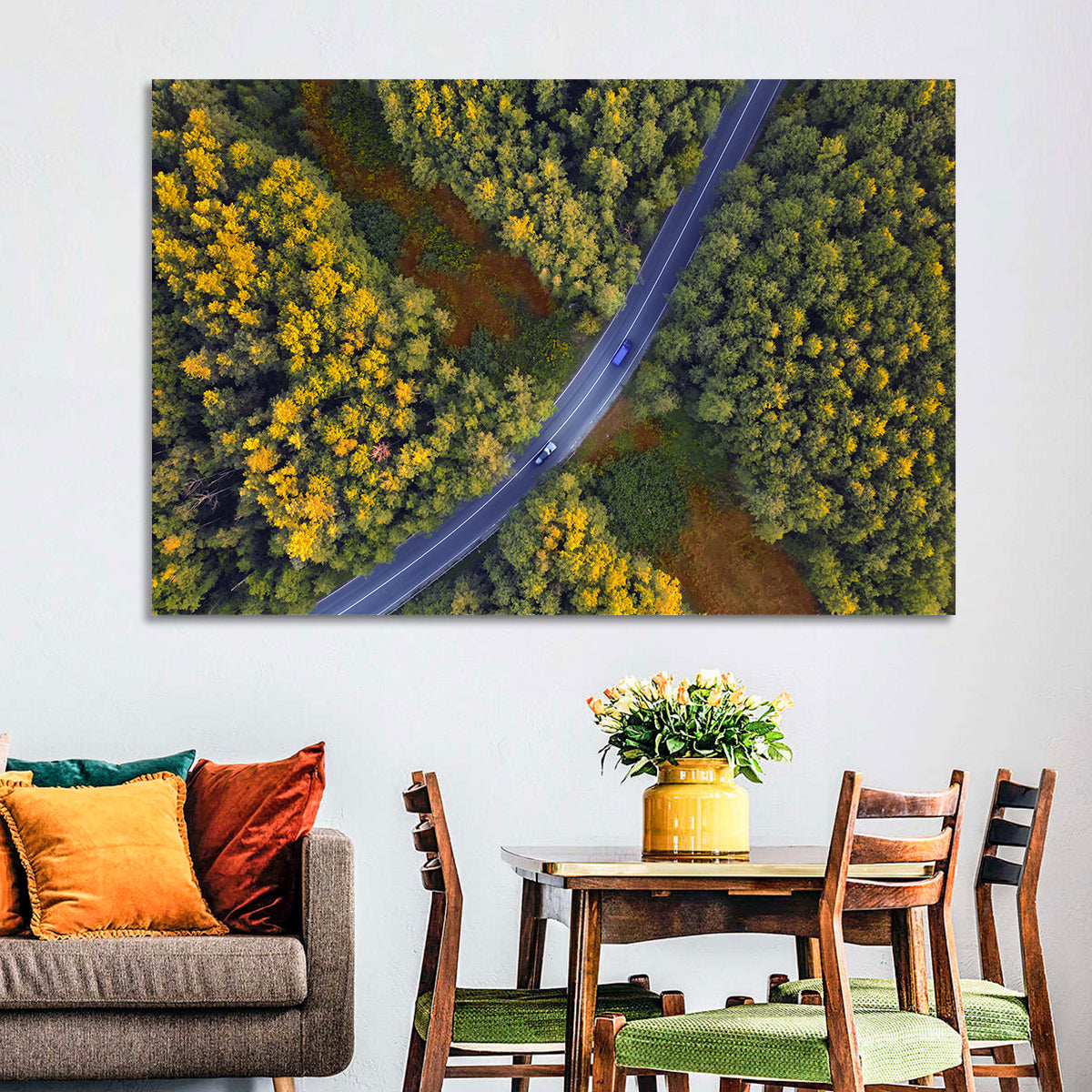 Aerial Autumn Forest Road Wall Art in a room, landscape