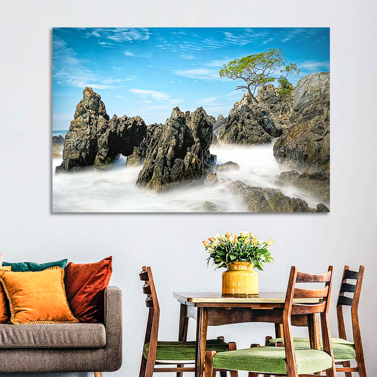 Karang Bebay Misty Shore Wall Art in a room, landscape