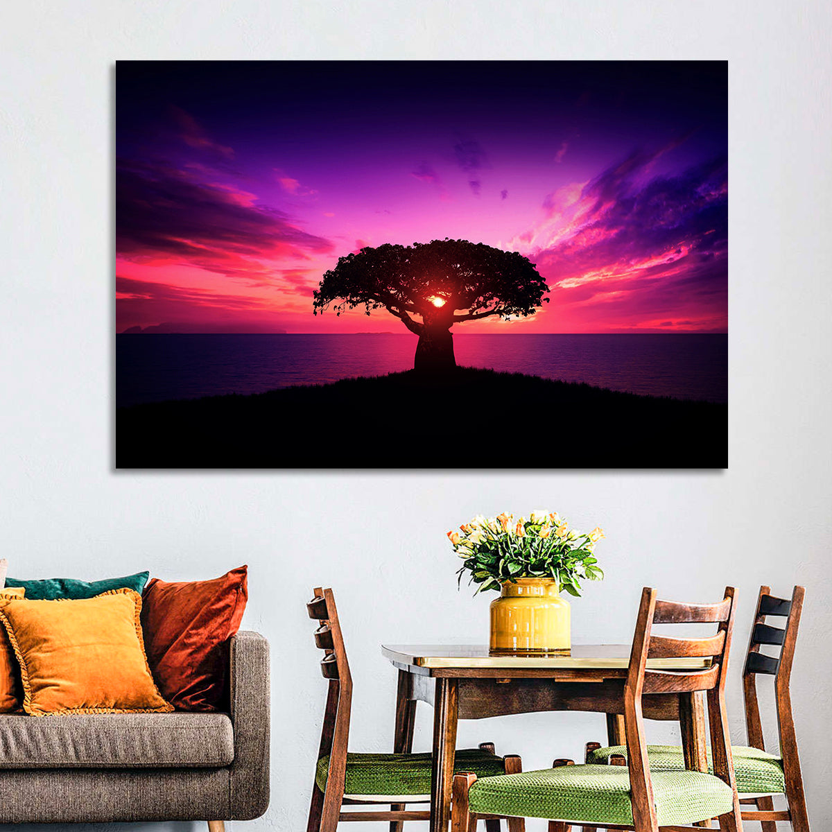 Baobab Sunset Silhouette Wall Art in a room, landscape