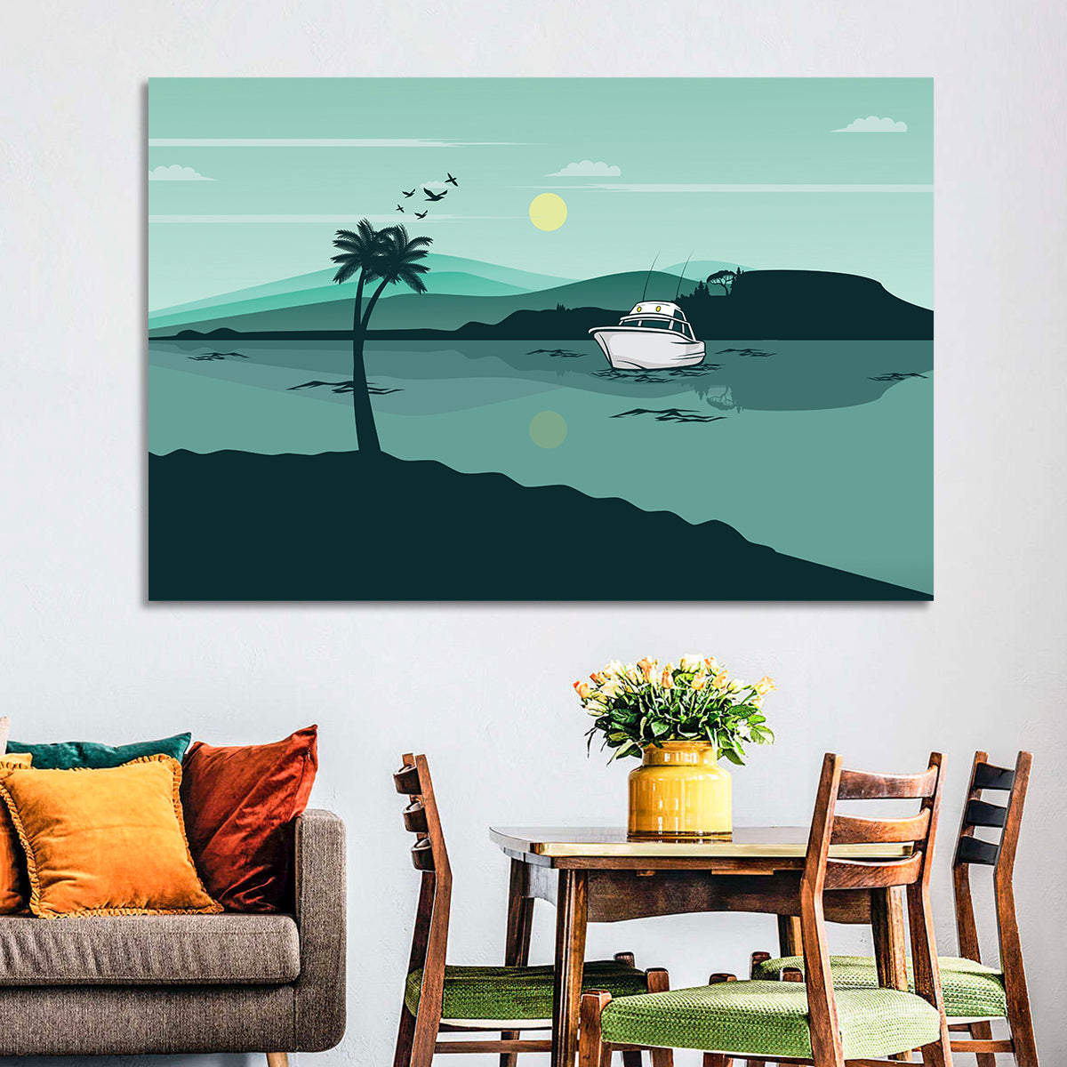 Teal Lake Boat with Palm Tree Wall Art in a room, landscape