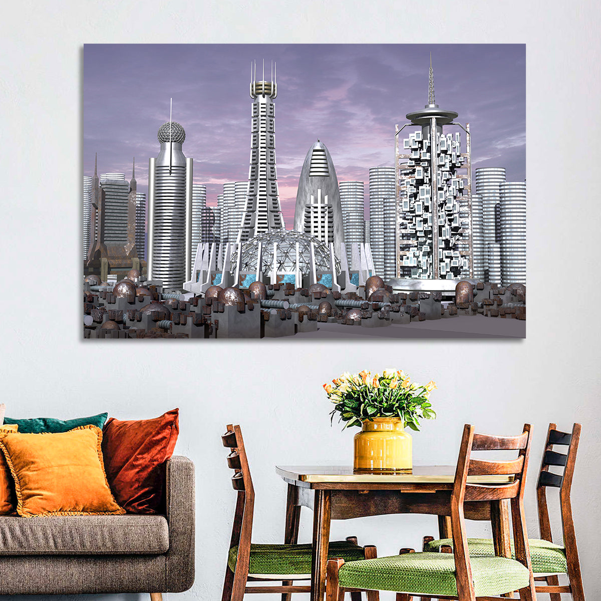 Purple Dusk Futuristic Cityscape Wall Art
