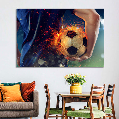 Fiery Soccer Ball and Blue Jersey Player Wall Art
