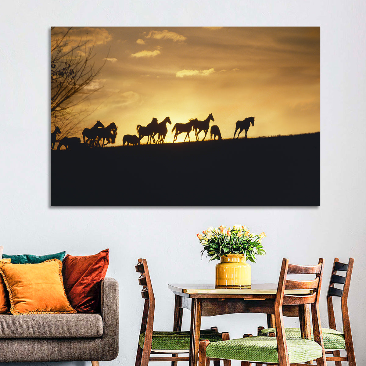 Mustang Silhouettes at Sunset Wall Art in a room, landscape