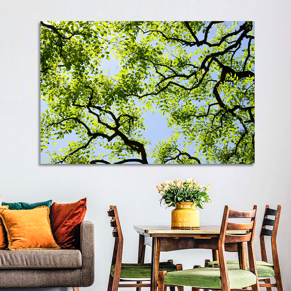 Sunlit Tree Canopy Wall Art in a room, landscape