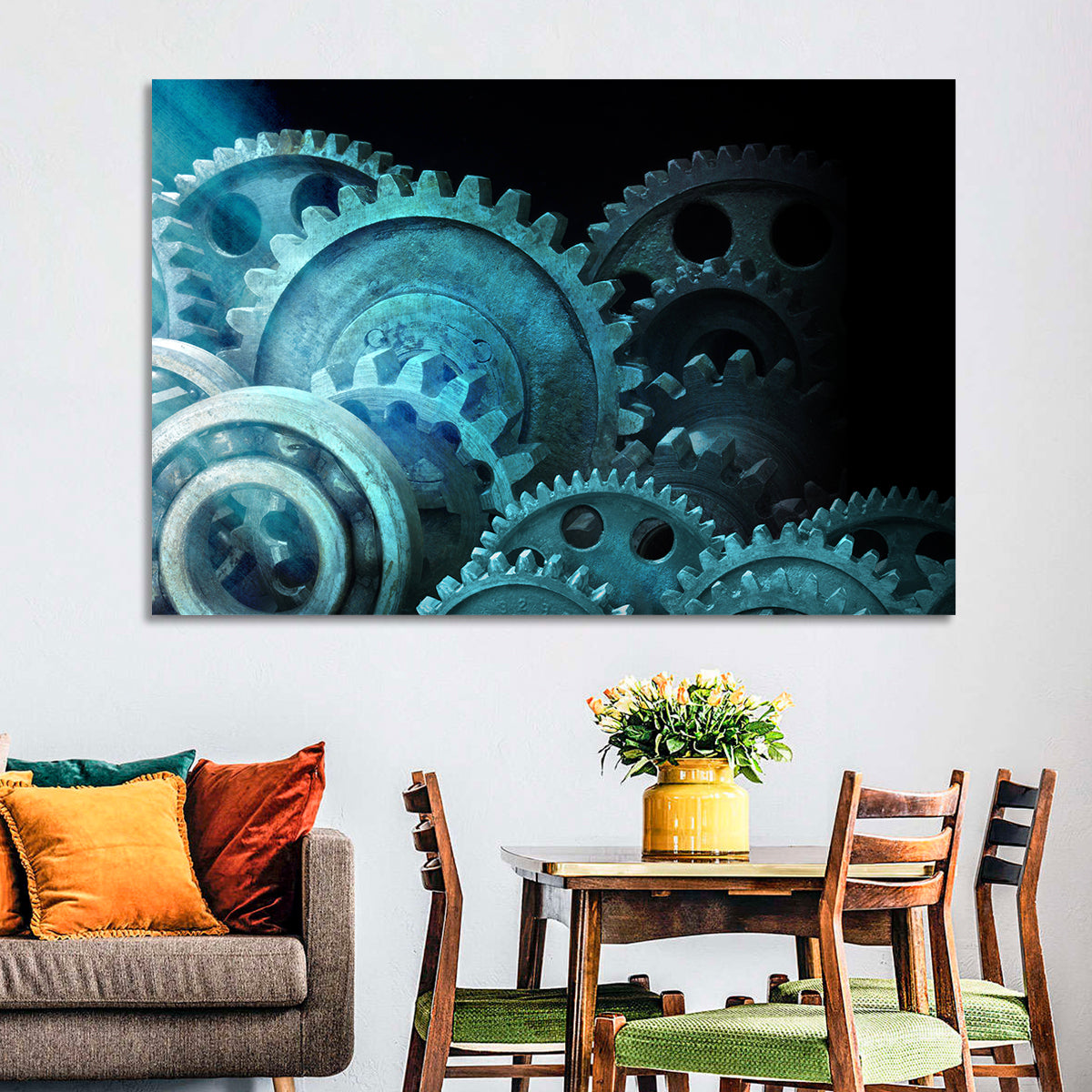 Teal and Steel Cogwheel Close-up Wall Art in a room, landscape