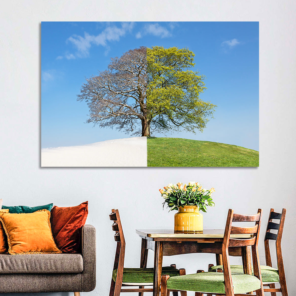 Split Season Tree Landscape Wall Art in a room, landscape