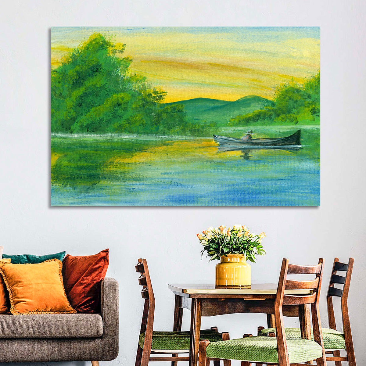 Rowboat on Serene Lake Watercolor Wall Art