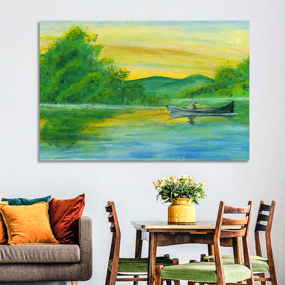 Rowboat on Serene Lake Watercolor Wall Art