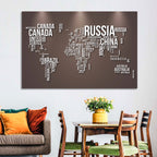 World Map Typography in Brown and White Wall Art