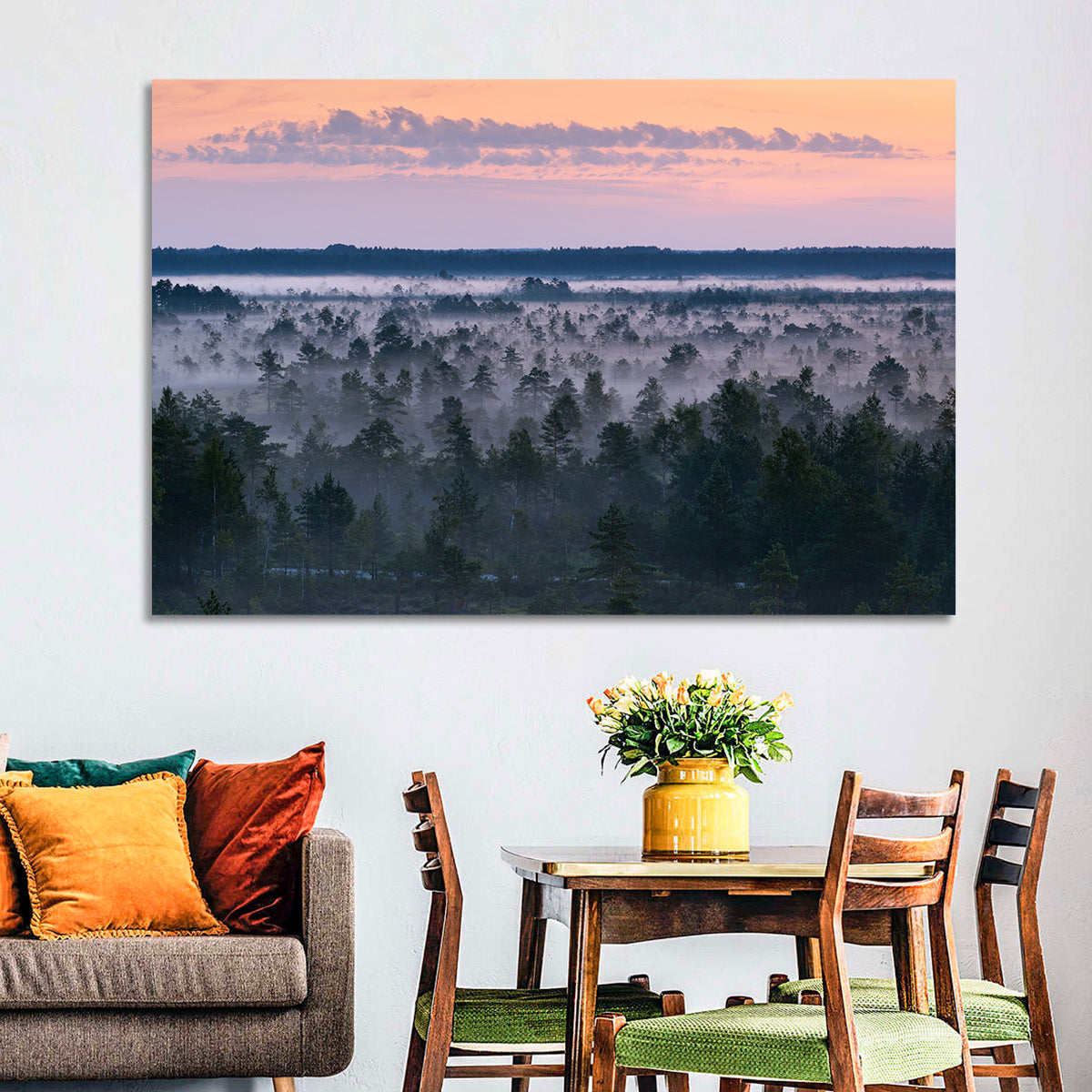 Estonian Misty Pine Landscape Wall Art in a room, landscape