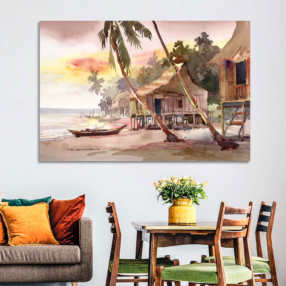Malaysian Coastal Village at Sunset Wall Art in a room, landscape