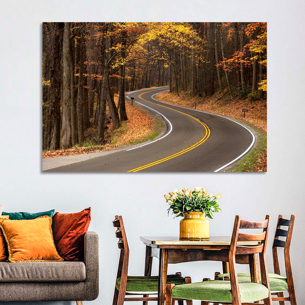 S-curve Road Through Autumn Forest Wall Art in a room, landscape