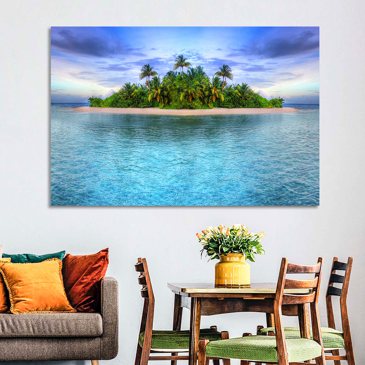 Mirrored Tropical Island Lagoon Wall Art in a room, landscape