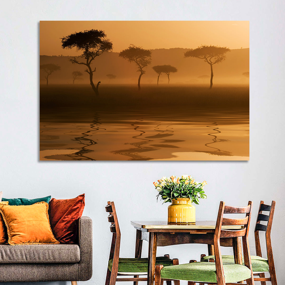 Savanna Sunset Acacia Silhouettes Wall Art in a room, landscape