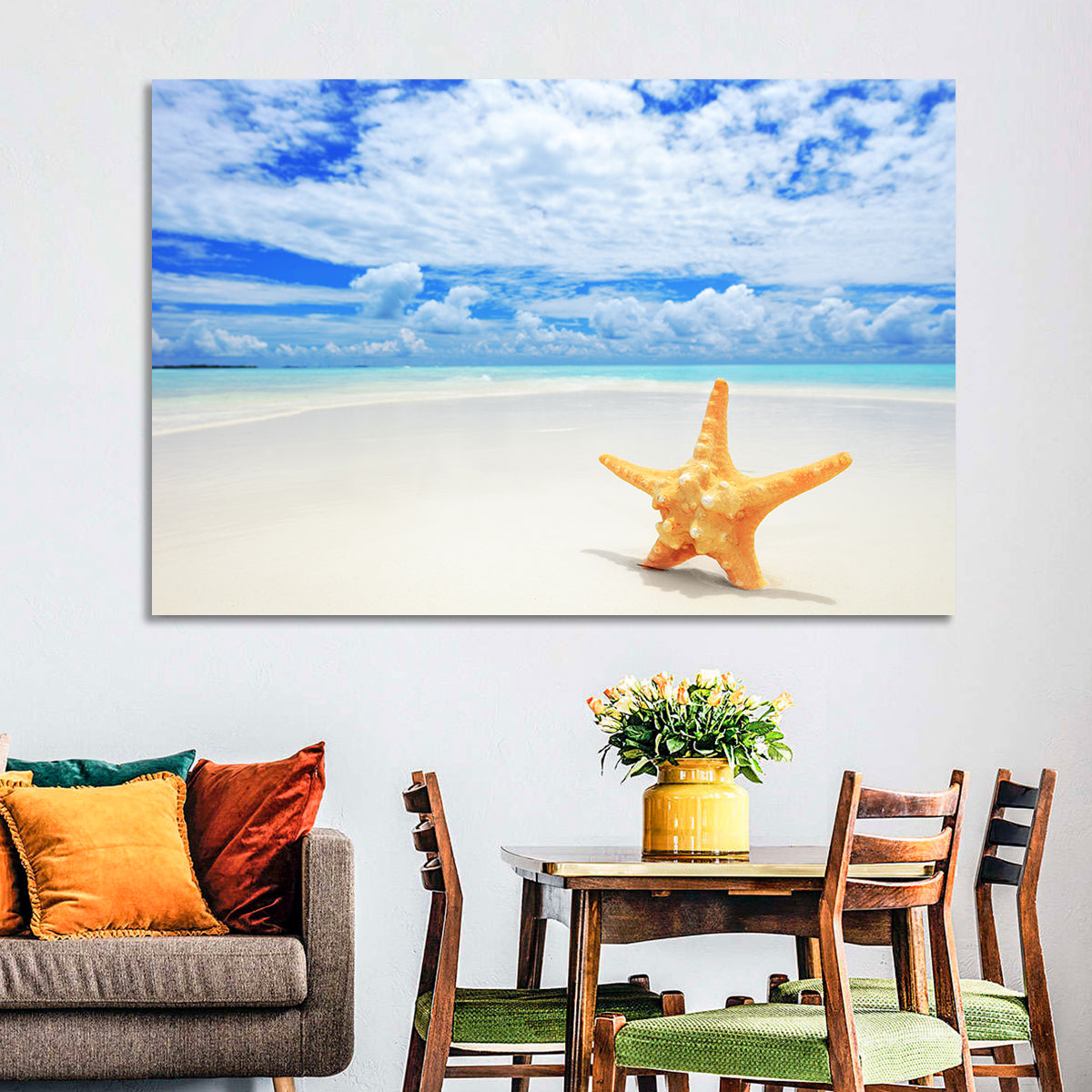 Minimalist Yellow Starfish on Turquoise Shore Wall Art in a room, landscape