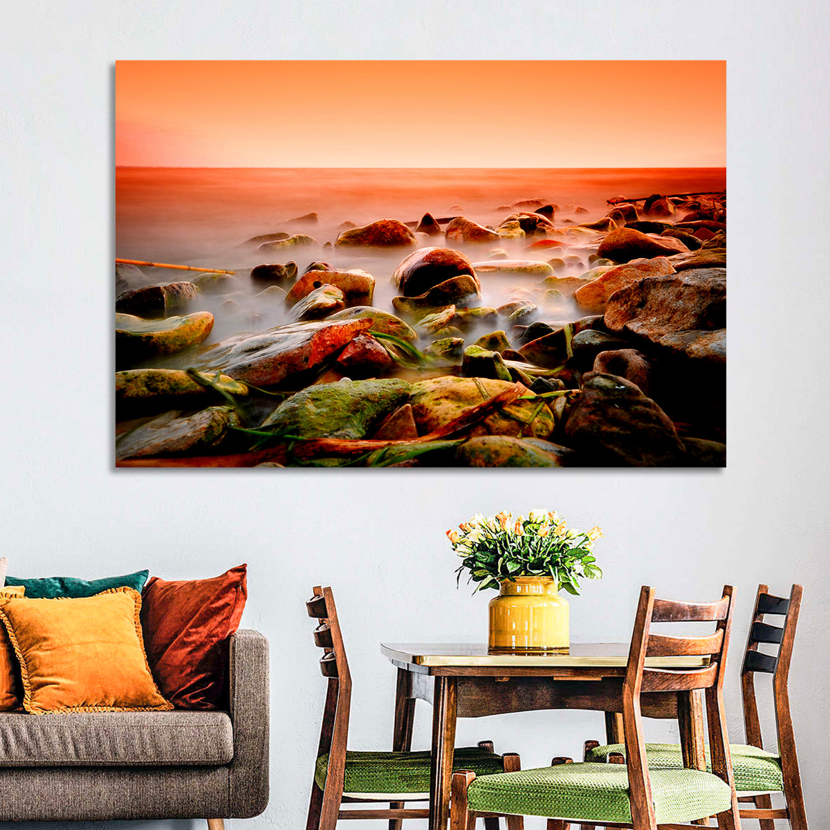 Lake Shore Sunset Wall Art in a room, landscape