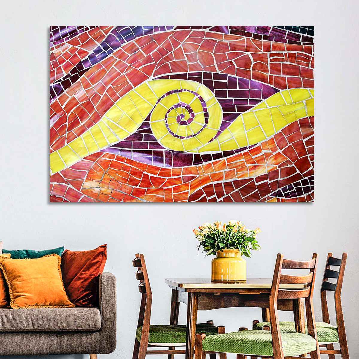 Red and Yellow Spiral Mosaic Wall Art in a room, landscape