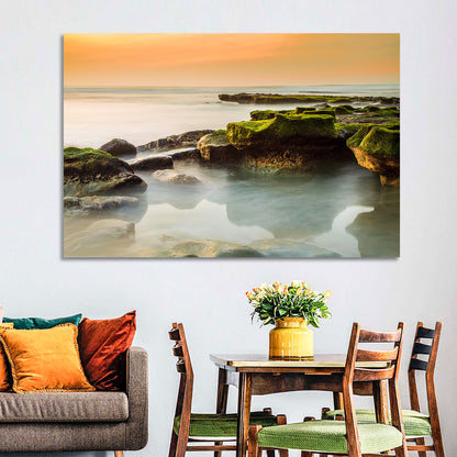 Mossy Rocky Coastline at Golden Hour Wall Art