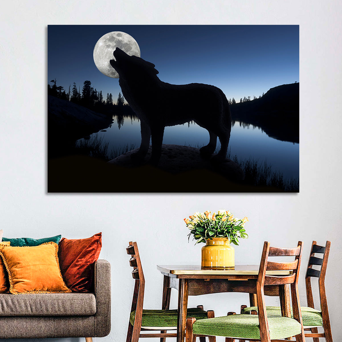 Howling Wolf at Full Moon Wall Art in a room, landscape
