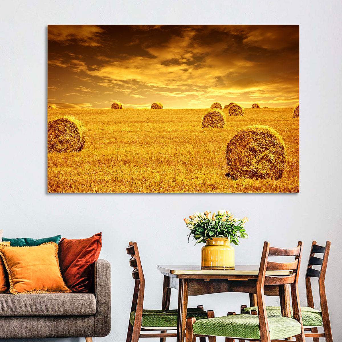Golden Hour Haystacks Wall Art in a room, landscape