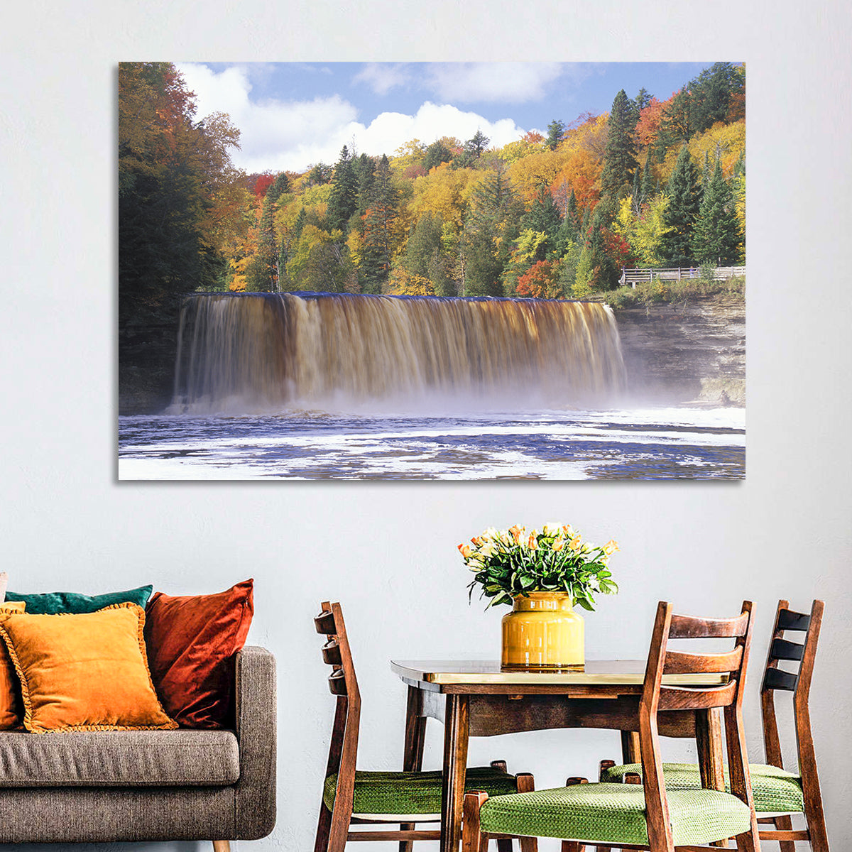 Tahquamenon Falls Autumn Waterfall Wall Art in a room, landscape