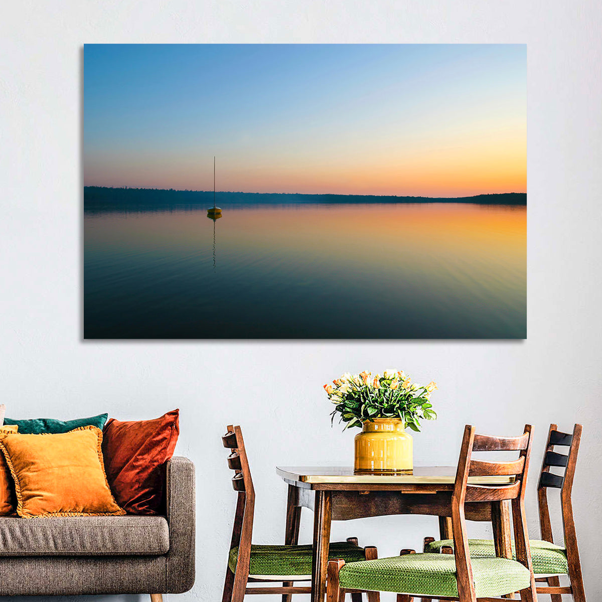 Cyprus Lake Sunset Boat Wall Art in a room, landscape