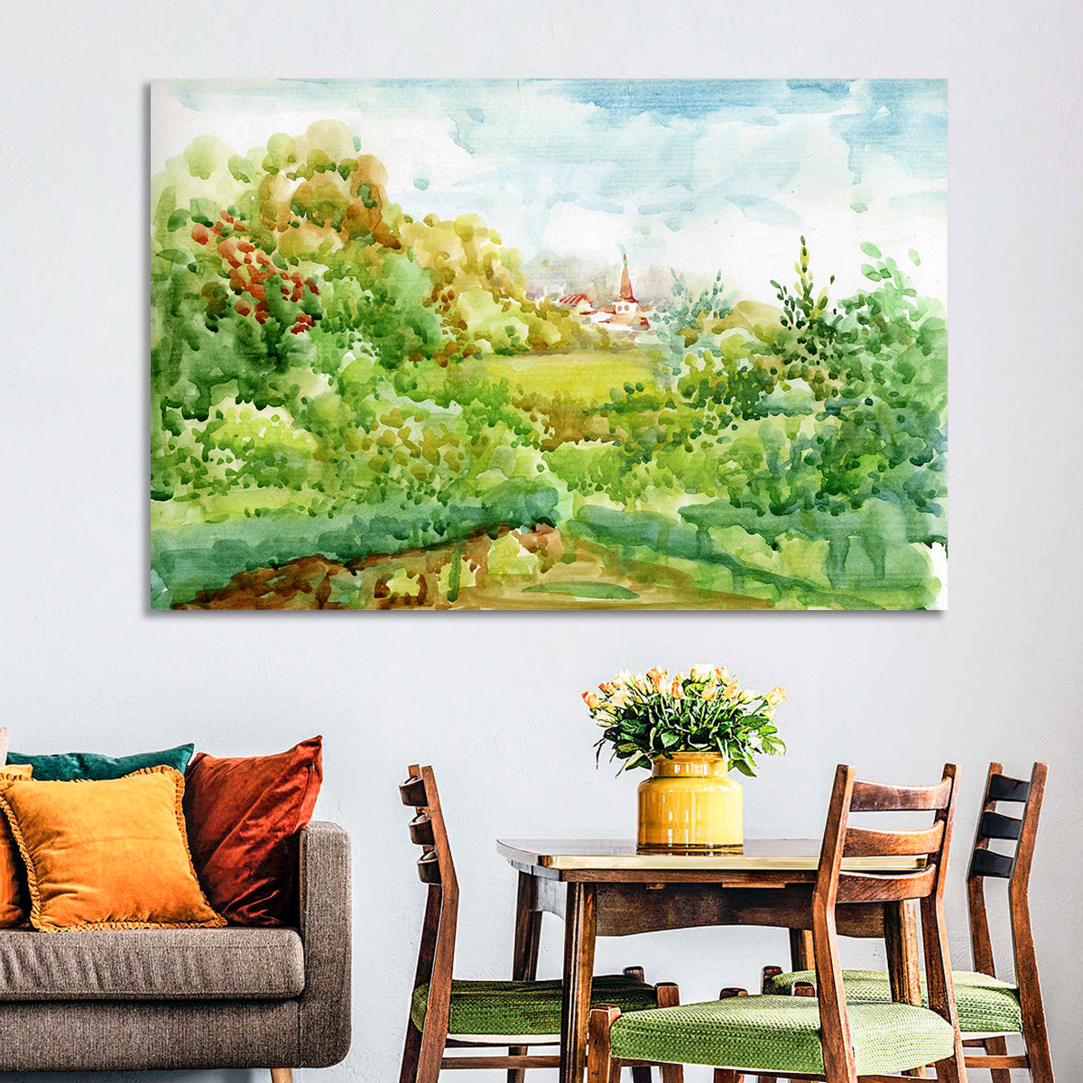 Red Steeple Village Watercolor Wall Art in a room, landscape