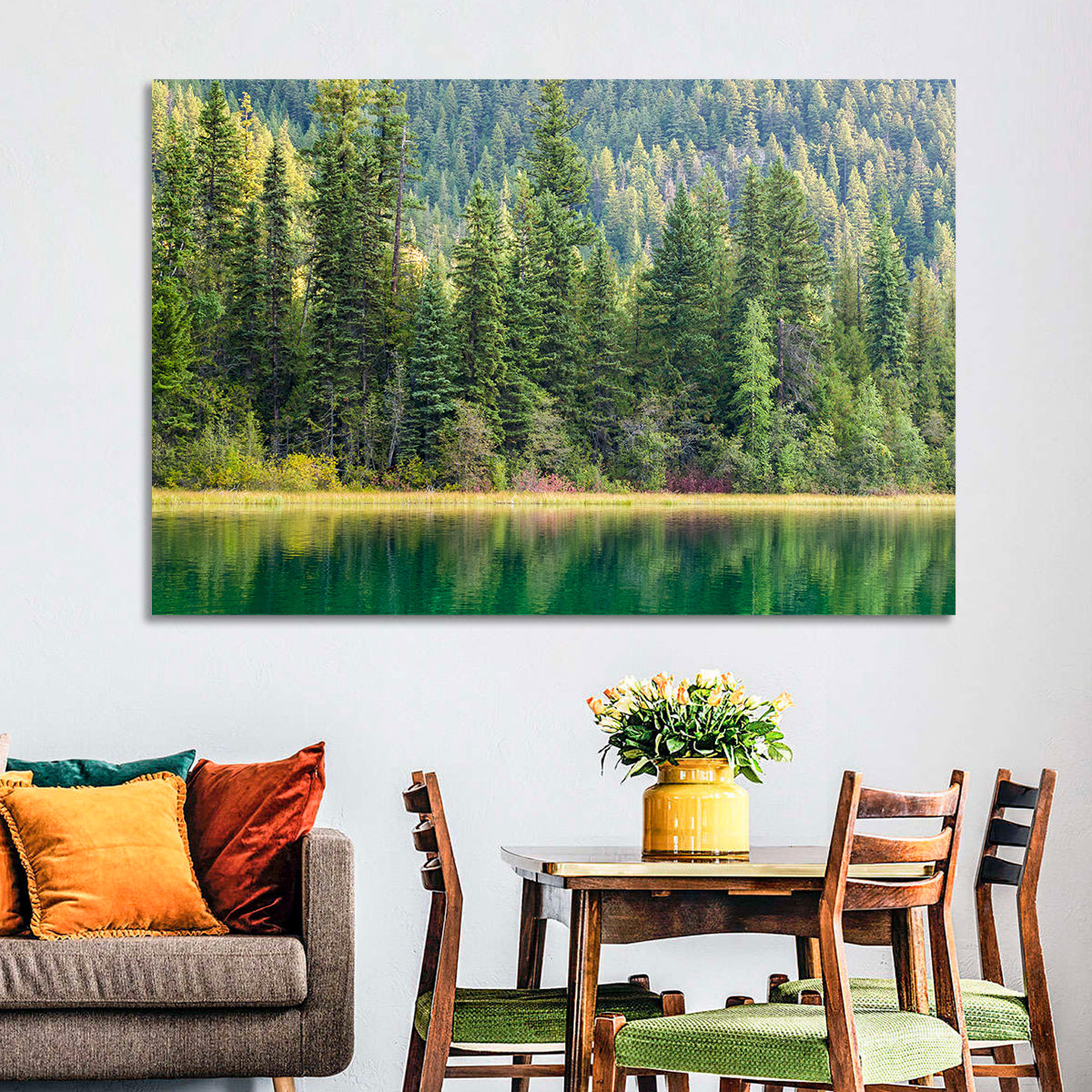 Tranquil Forest Lake Wall Art in a room, landscape