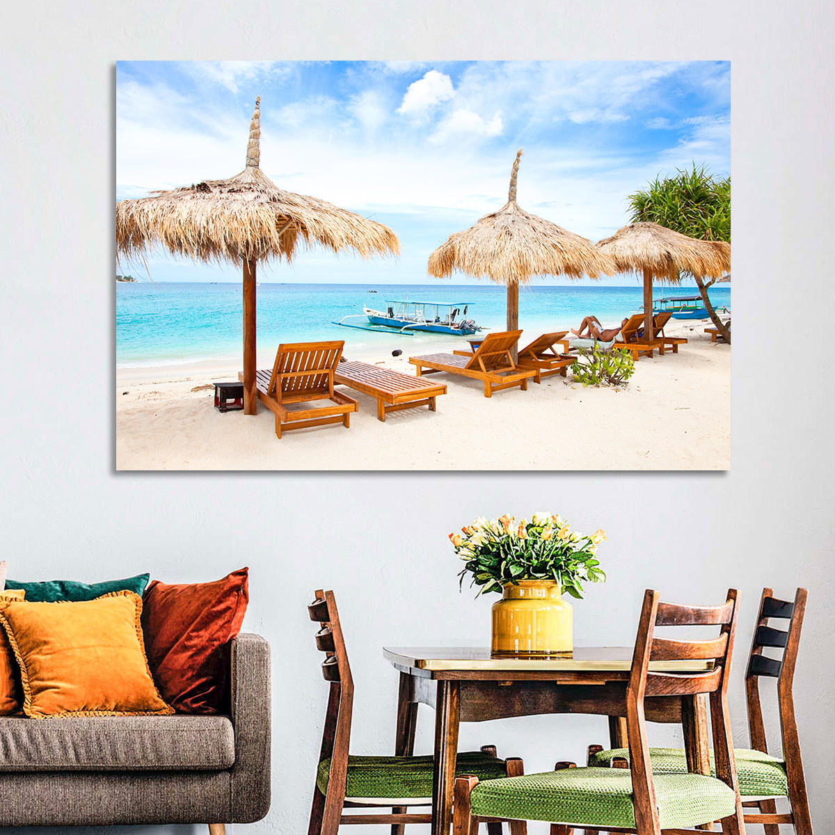 Gili Meno Beach with Thatched Umbrellas Wall Art in a room, landscape