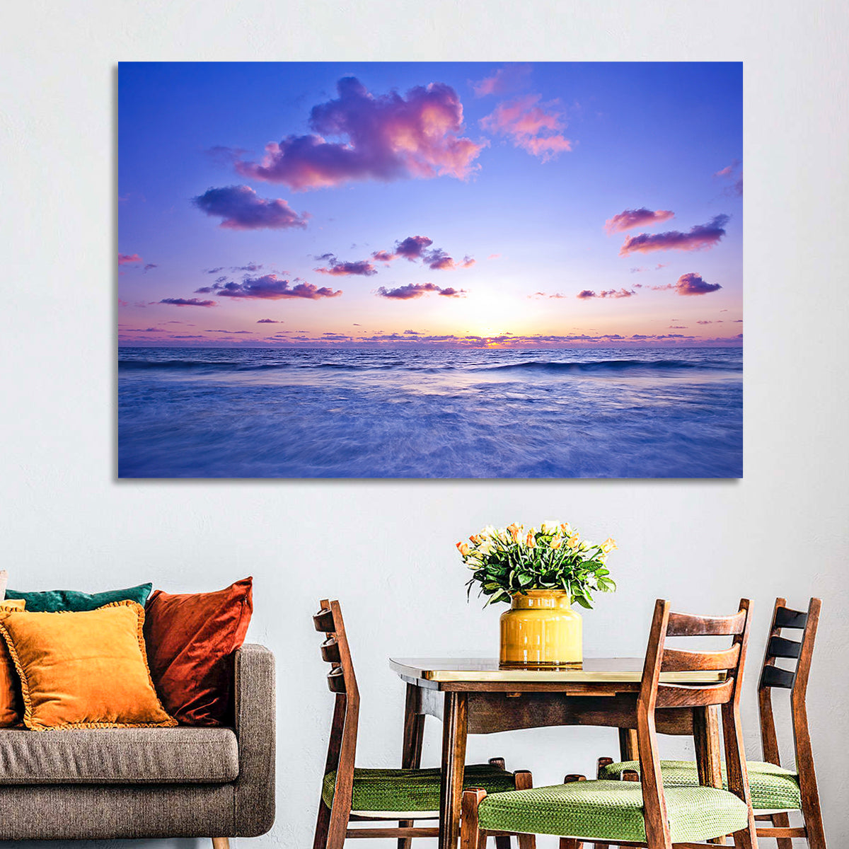 Mediterranean Sunset Wall Art in a room, landscape
