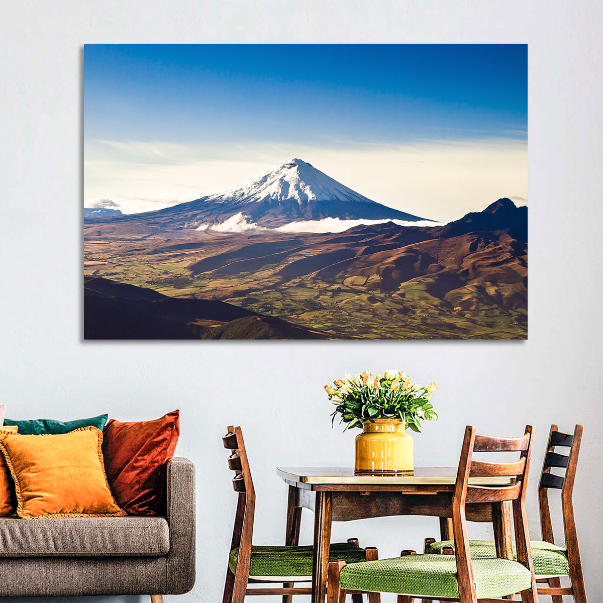 Cotopaxi Volcano Landscape Wall Art in a room, landscape