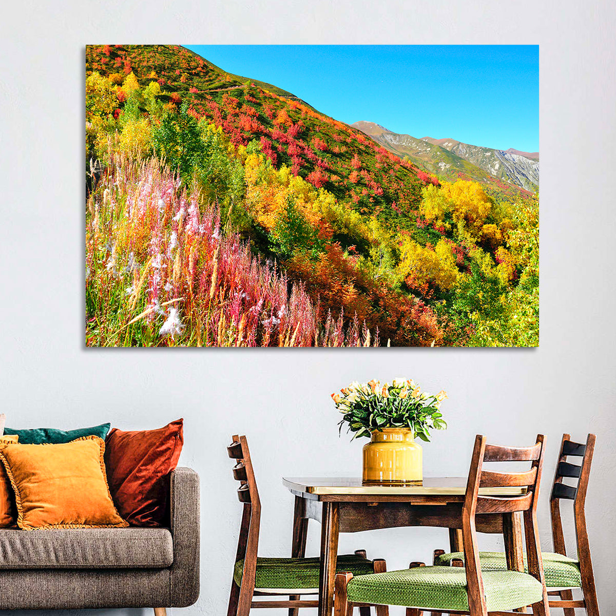 Svaneti Autumn Mountain Landscape Wall Art in a room, landscape