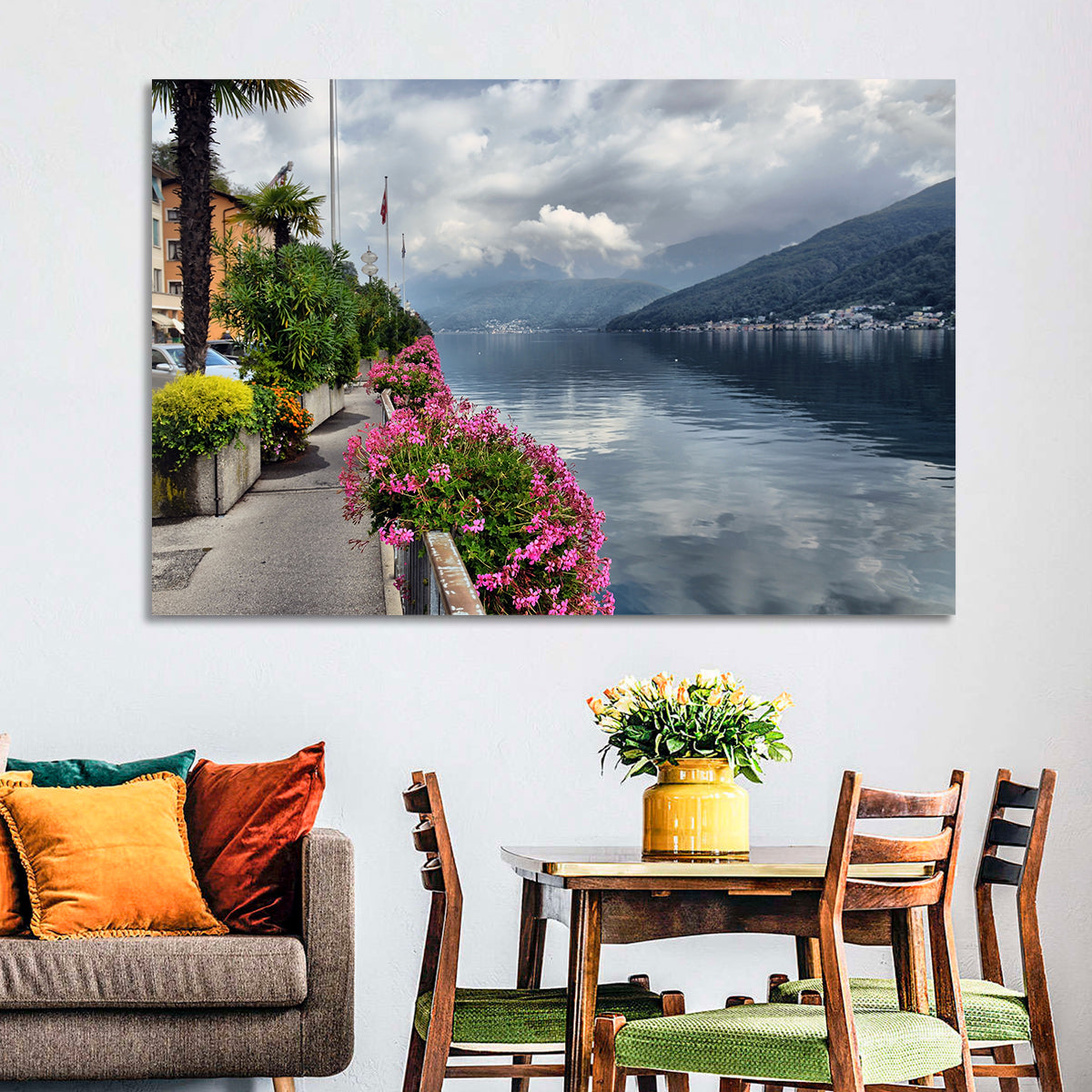 Lake Lugano Floral Walkway Wall Art in a room, landscape