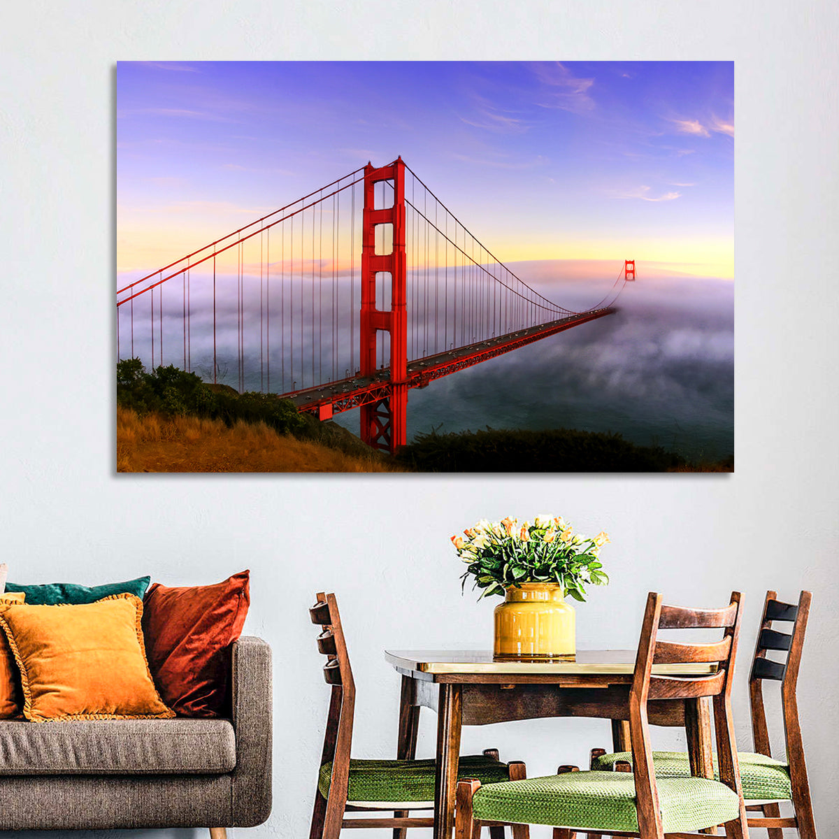 Foggy Golden Gate Bridge Wall Art in a room, landscape