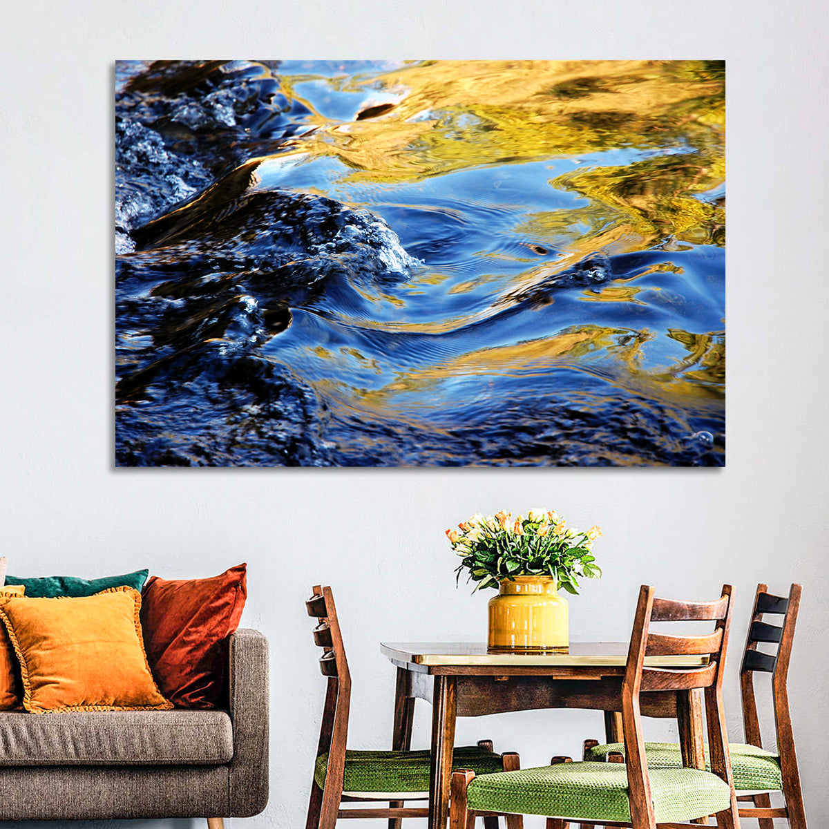 Flowing Stream with Golden Reflections Wall Art in a room, landscape