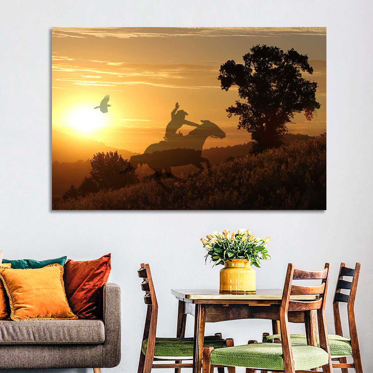 Cowboy Silhouette at Golden Sunset Wall Art