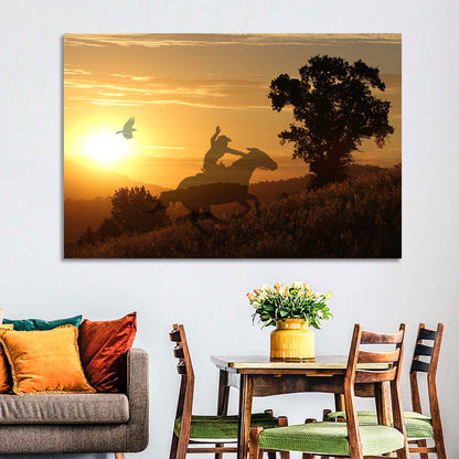 Cowboy Silhouette at Golden Sunset Wall Art