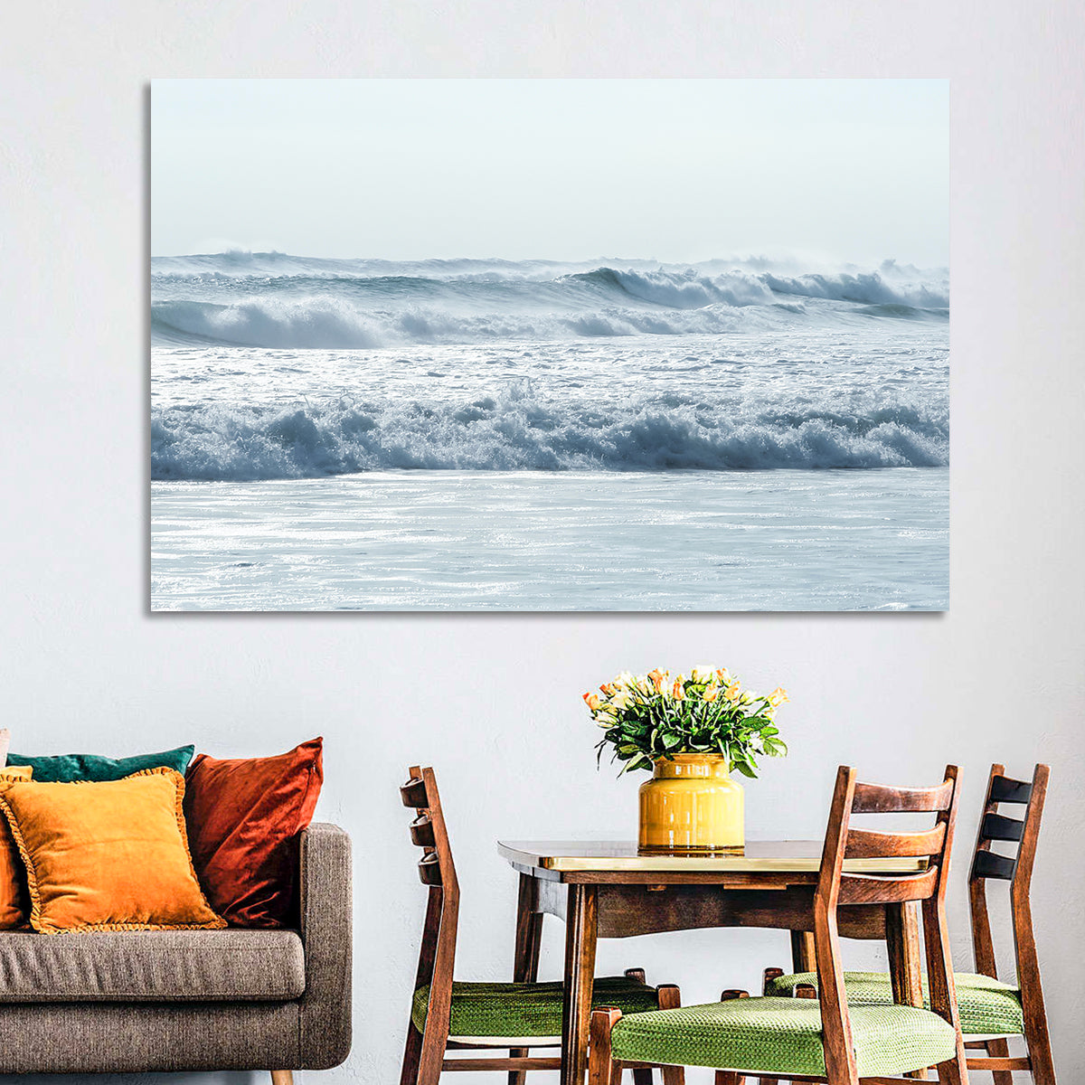 Misty Horizon Ocean Waves Wall Art in a room, landscape