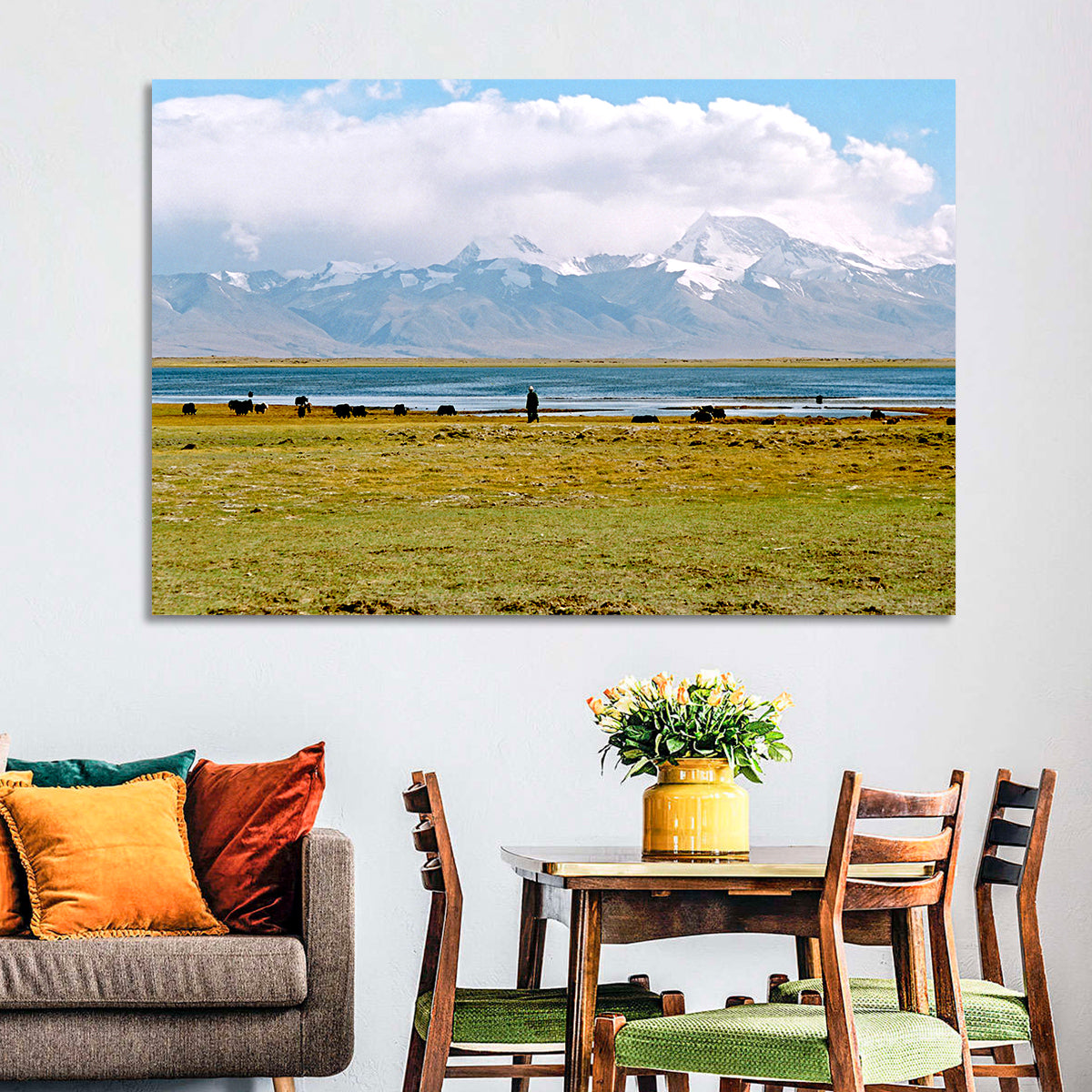 Mount Kailash from Lake Manasarovar Wall Art in a room, landscape