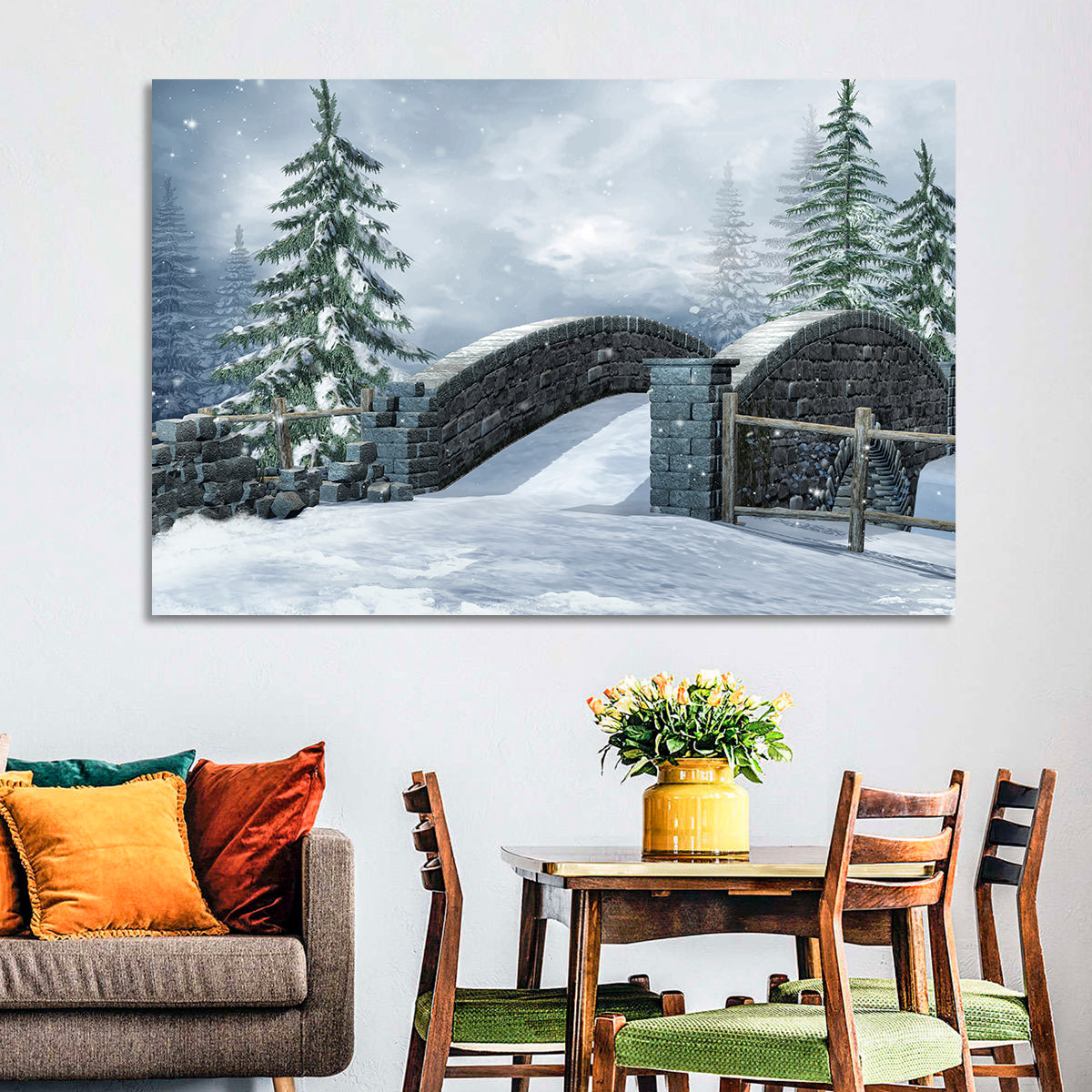 Snowy Stone Bridge in Winter Forest Wall Art in a room, landscape