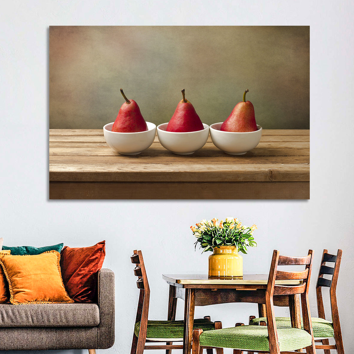 Three Red Pears in Bowls Wall Art in a room, landscape