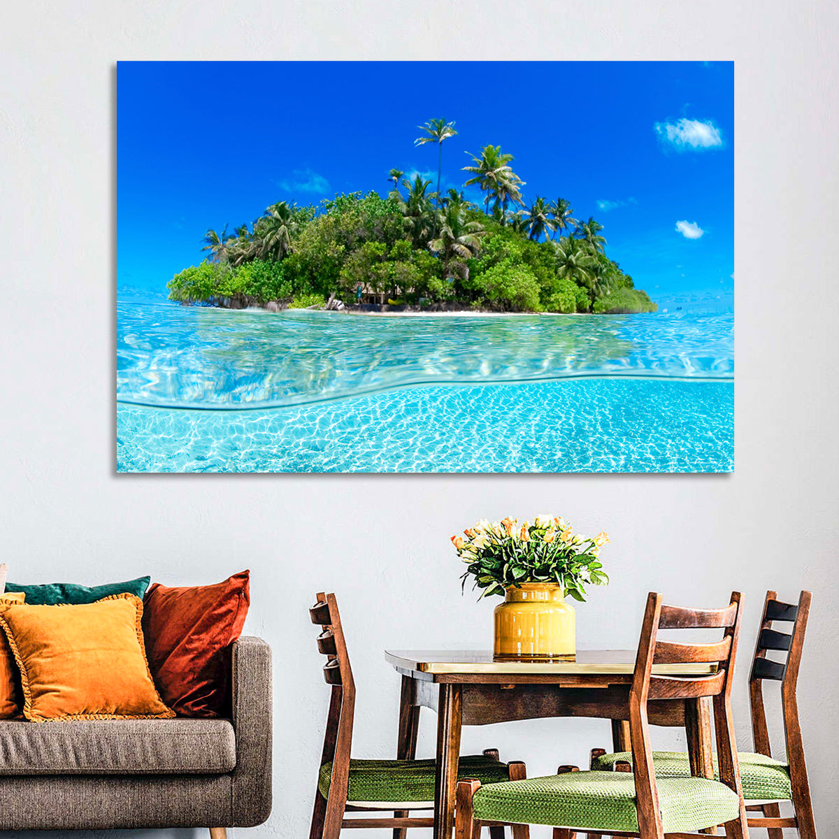 Tropical Island Lagoon Split-level Seascape Wall Art in a room, landscape