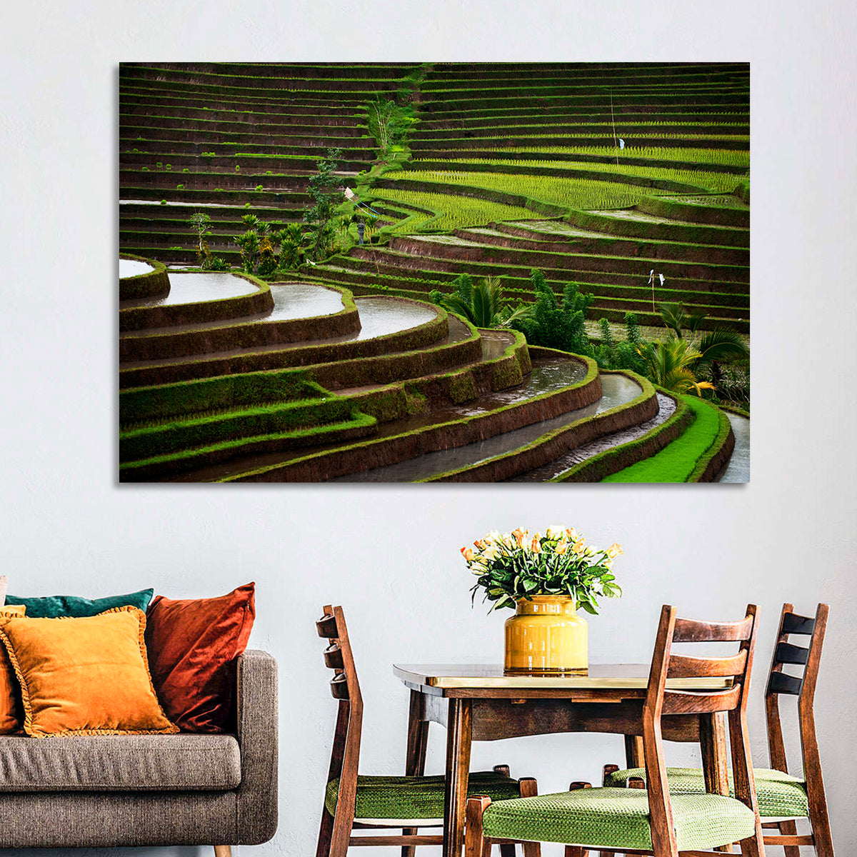 Lush Rice Terraces Wall Art in a room, landscape