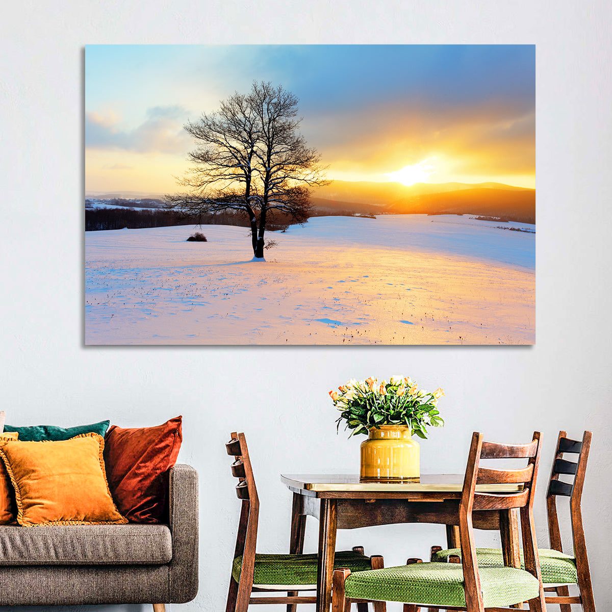 Snowy Winter Sunrise Wall Art in a room, landscape
